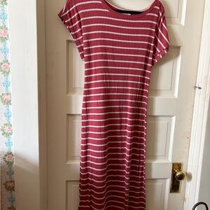 LOFT pink and White Striped Midi Dress